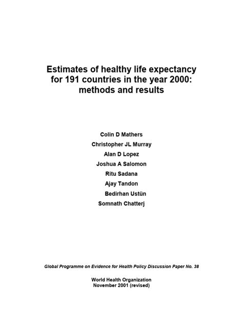 Estimates Of Healthy Life Expectancy For 191 Countries In 2000 Who Pdf