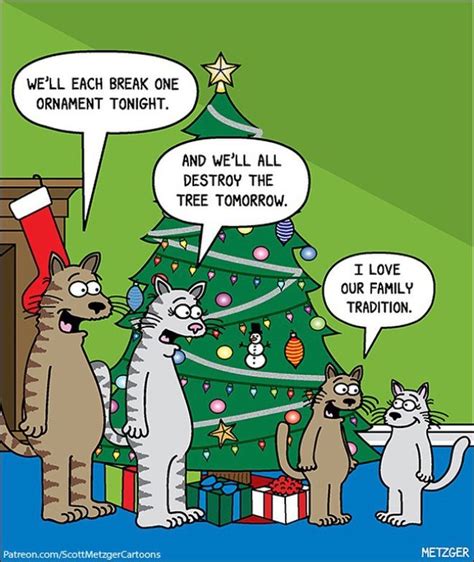 Three Cats Standing Around A Christmas Tree With Presents In Front Of