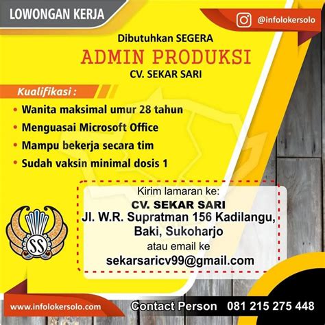 Lowongan Kerja Admin Produksi CV Sekar Sari Sukoharjo INFO LOKER SOLO