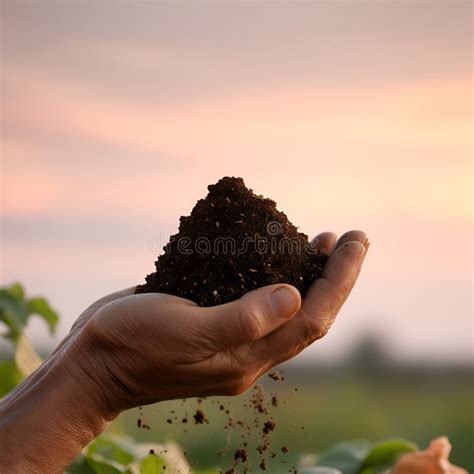 Hand Holding Soil Hands Touching Soil On The Field Farmer Holding