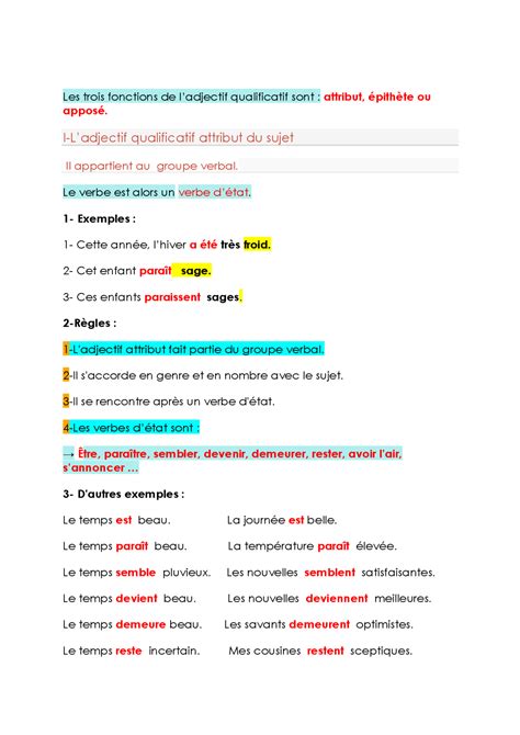 Notes Sur Les Trois Fonctions De Ladjectif Qualificatif Docsity