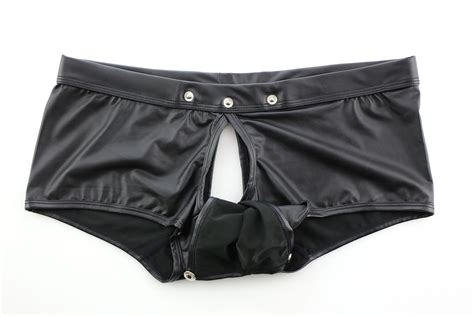Brand Solid Boxers Men Erotic Sex Pu Leather Strappy Boxer Lingerie Wet Shorts Latex Club
