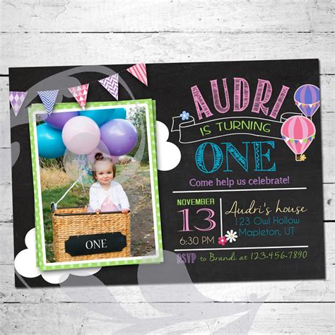 Hot Air Balloon Birthday Party Invitation Chalkboard Photo Invite Digital File Etsy