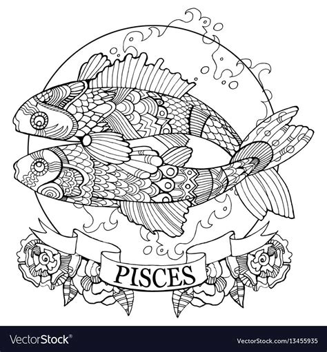 Pisces Zodiac Sign Coloring Book Vector Illustration Tattoo Stencil