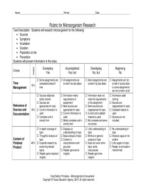 Fillable Online Rubric For Microorganism Research Hospitality And