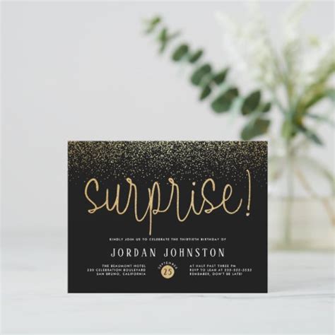 Modern Gold Glitter Surprise Birthday Party Invitation Postcard Zazzle