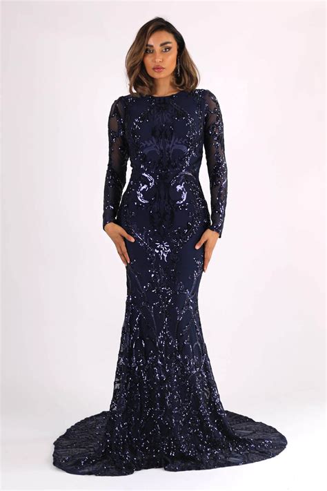 Amani Long Sleeve Sequin Gown Navy Noodz Boutique