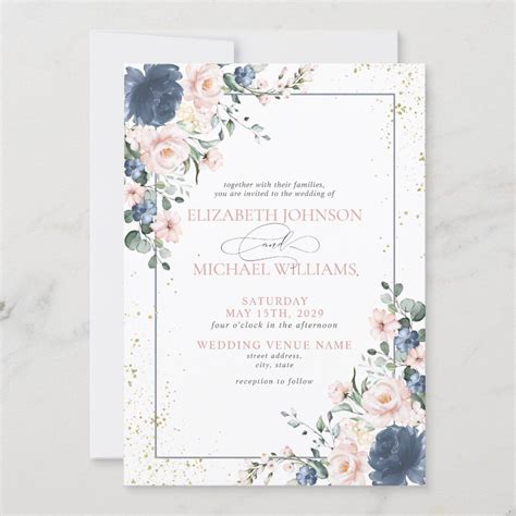 Light Dusty Blue Blush Pink Gold Floral Wedding In Invitation Zazzle