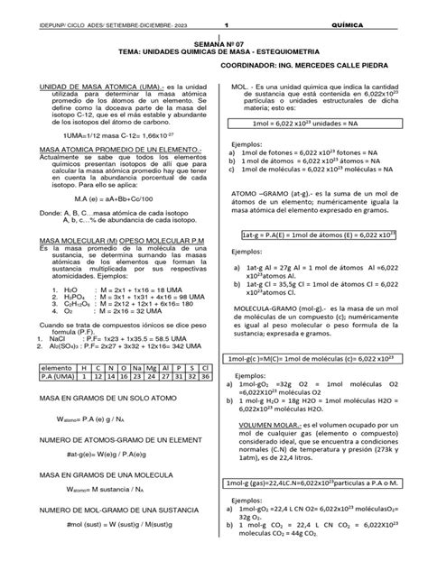 Quimica S07 Unidades Quimicas De Masa Estequiometria Ades 2023 Pdf Mole Unidad