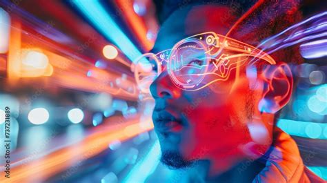 Ai Cyborg Wearing Futuristic Eyeglasses Standing By Light Trail Stock Illustration Adobe Stock