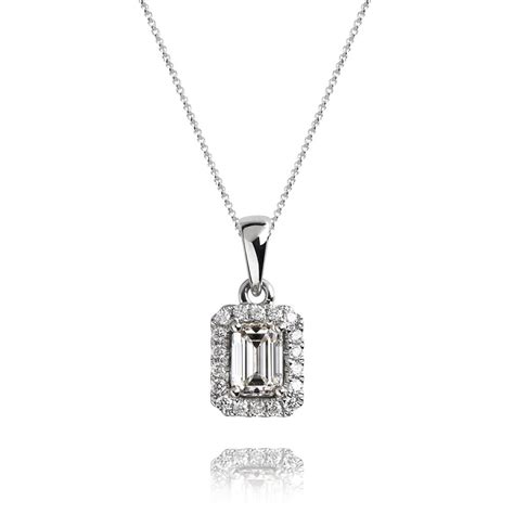 18ct White Gold Emerald Cut Diamond Halo Pendant Pravins Jewellers