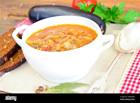 Lentil Soup With Eggplant Tomatoes And Onions Studio Photo Stock