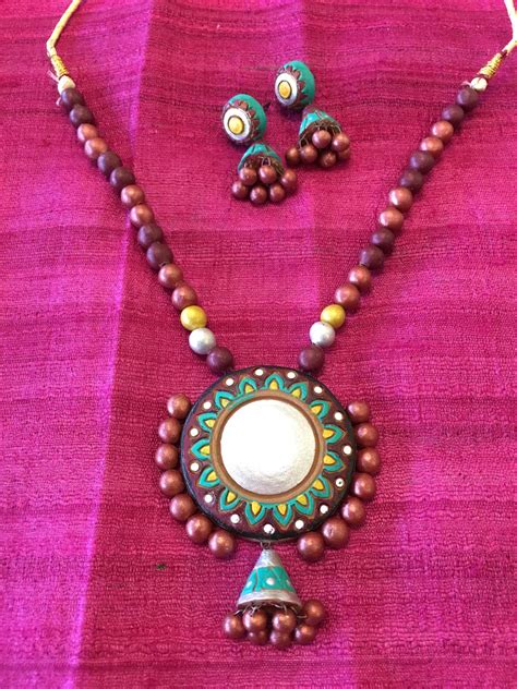 Handmade Terra Cotta Fashionable Necklace Set Multi Color Blue Sarang