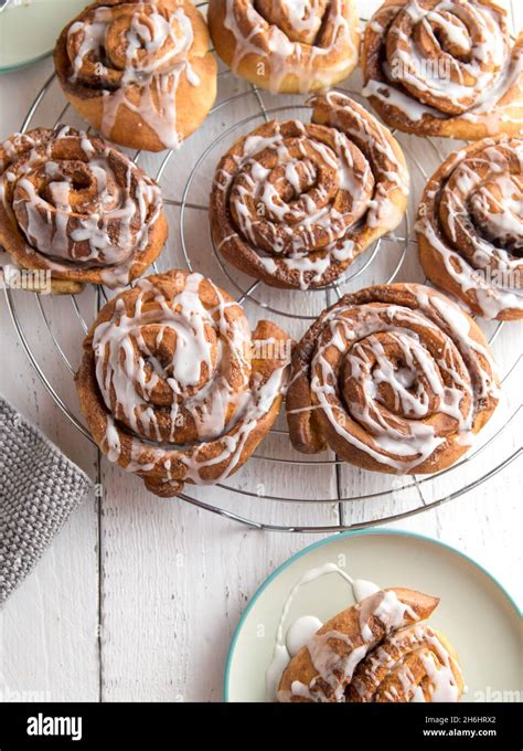 Homemade Fresh Baked Cinnamon Rolls With Sugar Icing Served On A