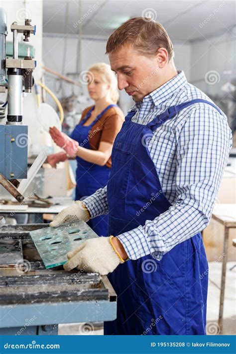 Male Glazier Working With Glass On Drilling Machine Stock Photo Image