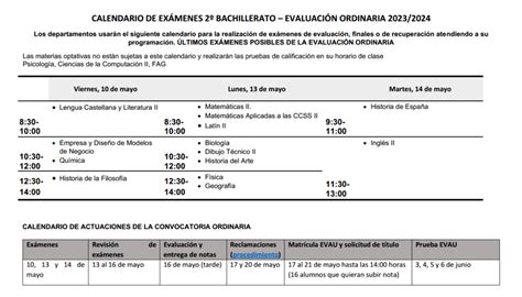 Calendario De Ex Menes De La Convocatoria Ordinaria De De