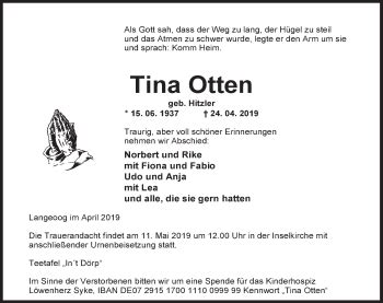 Traueranzeigen Von Tina Otten Nordwest Trauer De