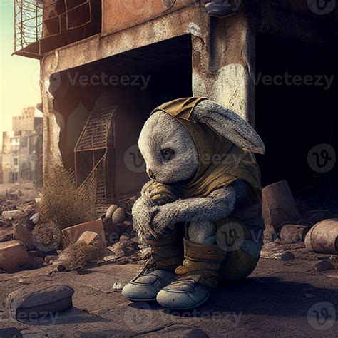 A humanoid rabbit. Wearing shabby clothes. Sitting in the street ...