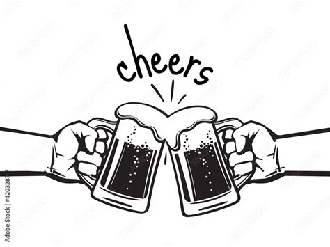 Cheers Text Two Hands Toasting Beer Mugs Clinking Glass Tankards Full