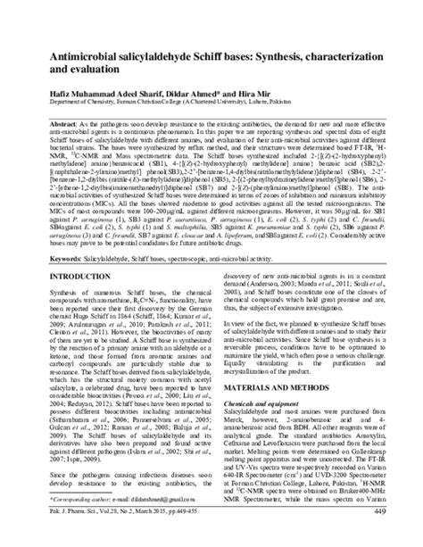 Pdf Antimicrobial Salicylaldehyde Schiff Bases Synthesis Characterization And Evaluation