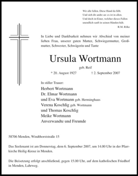 Traueranzeigen Von Ursula Wortmann Trauer In Nrw De