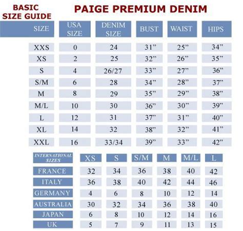 Denim Jeans Size Chart