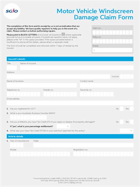 Fillable Online PDF Motor Vehicle Windscreen Damage Claim Form SGIC