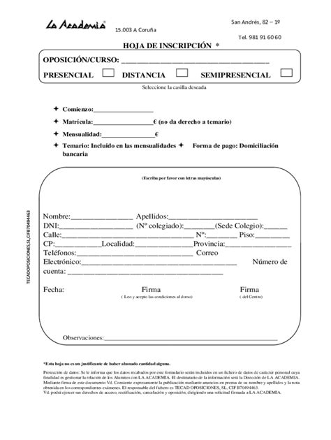 Fillable Online Hoja De Inscripcin La Academia Fax Email Print