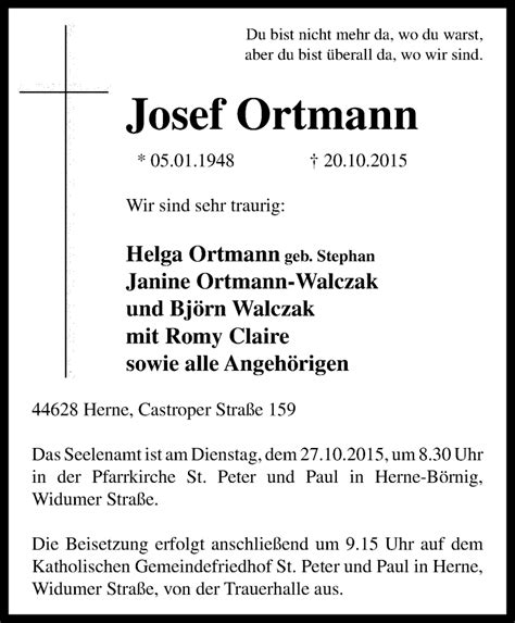 Traueranzeigen Von Josef Ortmann Trauer In NRW De