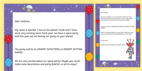 Editable Space Alien Party Letter Teacher Made