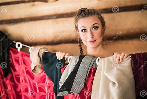 Girl Peeks Out From Behind The Wardrobe Stock Image Image Of Pair