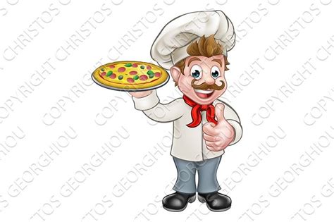 a cartoon chef holding a pizza on a plate