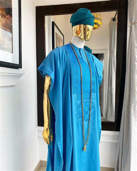 Shop Deep Sky Blue Embroidery African Traditional Agbada Deji And Kola