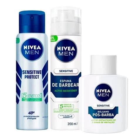 Kit Nivea Desodorante Antitranspirante Aerosol Sensitive Protect 150ml Espuma De Barbear Men