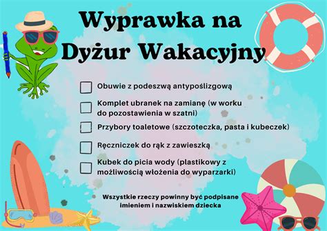 Wyprawka na Dyżur Wakacyjny Przedszkole Żabka