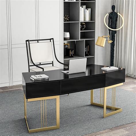 Black Writing Desk With Drawer Modern Computer Desk Mdf Metal Gold