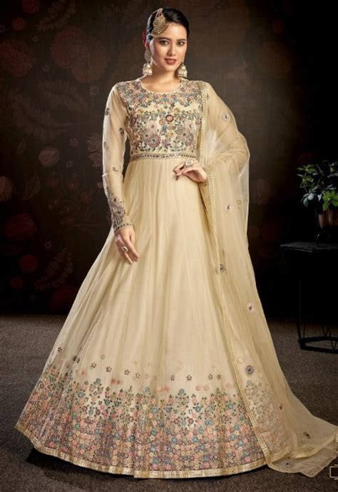 Beige Net Embroidered Anarkali Suit Salwar Kameez Designer Collection