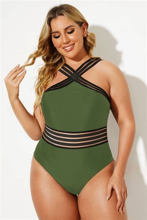 Green Mesh Hollow Criss Cross One Piece Swimsuit Meet Curve Meet Curve