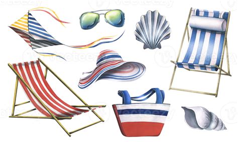 Beach Summer Set Of Striped Beach Holiday Accessories With Seashells And Sunglasses Hand Drawn