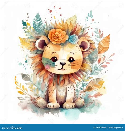 Cute Watercolor Baby Lion Illustration Ai Generative Stock