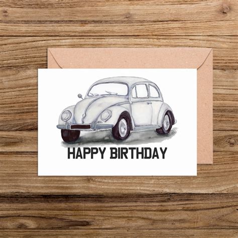 Happy Birthday White Vw Beetle Car Illustration Card Typhoon Studios