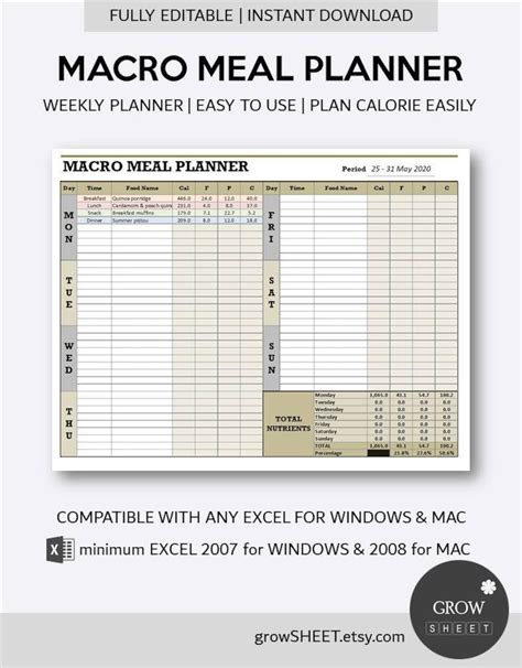 Macro Meal Planner Excel Template Fully Editable Weekly Etsy