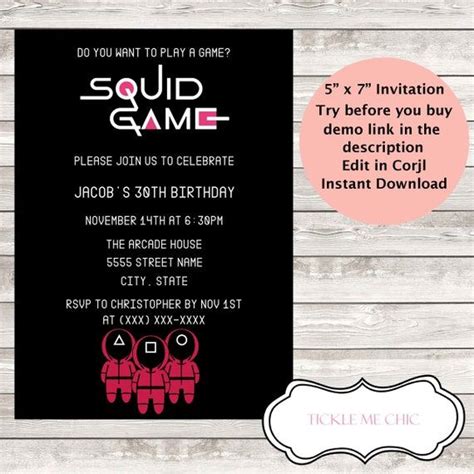 Editable Squid Theme Party Invitation Party Games Birthday Etsy