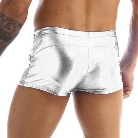 Men Shiny Metallic Boxer Briefs Booty Shorts Low Rise Trunks Lounge