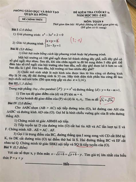 Đề kiểm tra cuối kì 2 môn Toán lớp 9 quận Hà Đông Hà Nội năm 2022