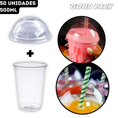 Kit Copo Pet Cristal 16oz 500ml Tampa Bolha Dome Furo Milkshake