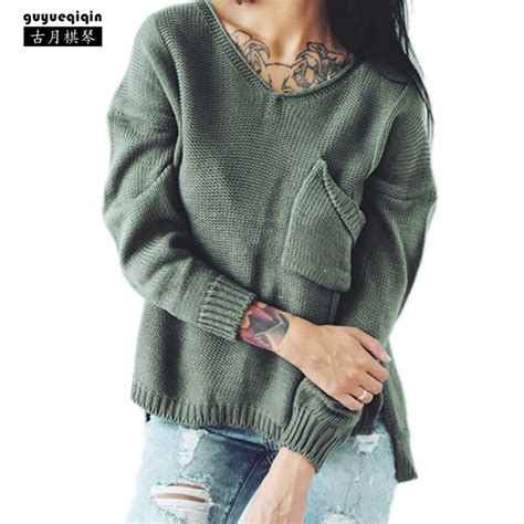 Guyueqiqin 2018 New Arrival Pockets Knitting Sweater Women V Neck