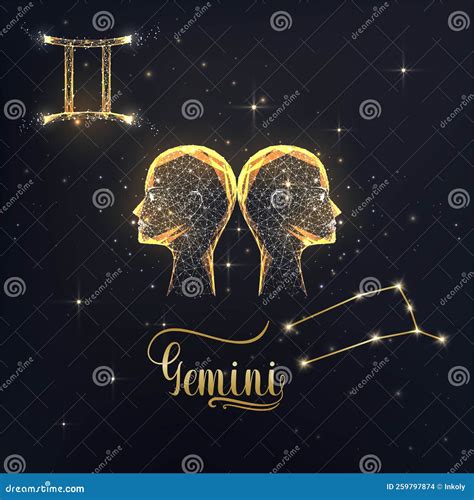 Gold Gemini Zodiac Sign Poster With Two Human Faces Zodiac Figure Symbol Glyphs Constellation