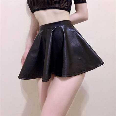 Short Women Skirt Wet Look High Waist PU Leather Pleated Sexy Skater