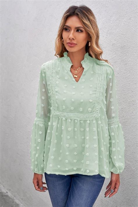 Ruffled Lace Puff Sleeve Polka Dot Blouse White M Polka Dot